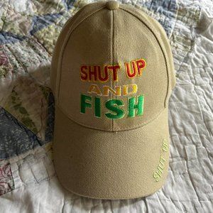 funny cap that reads “shutup and fish”